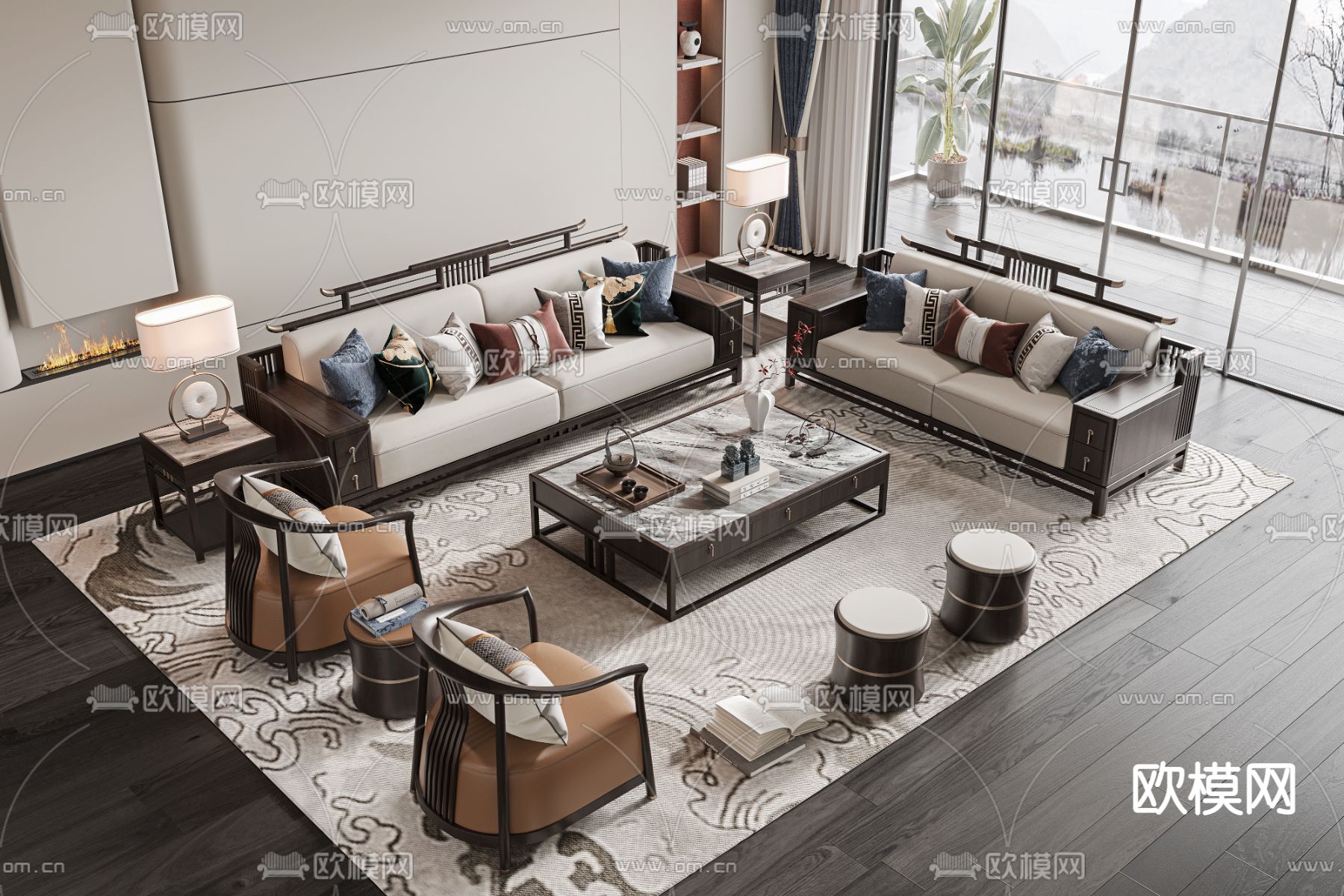 新中式组合沙发3d模型下载（渲染图1）