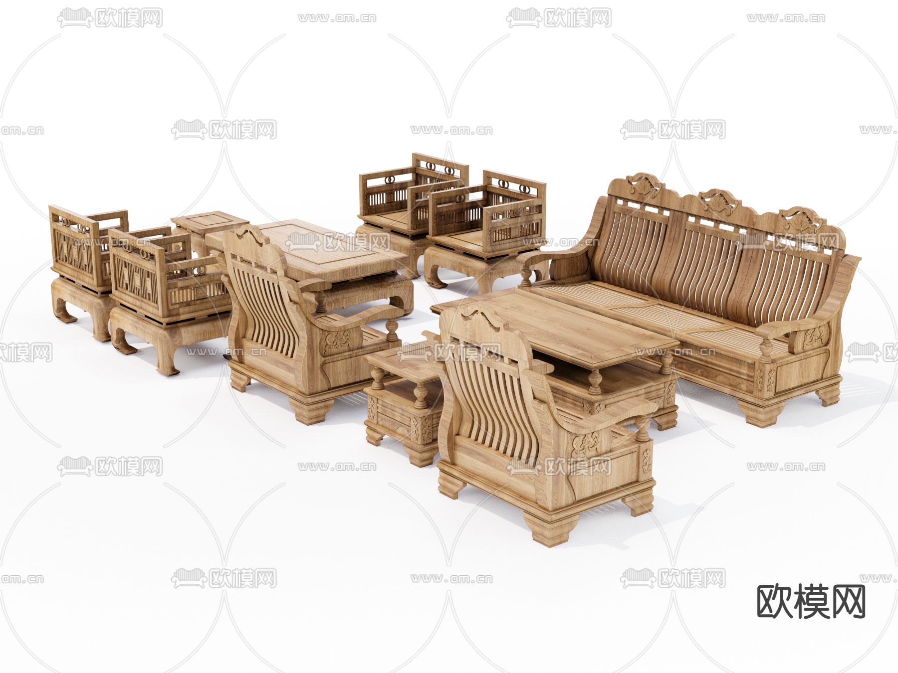 中式实木沙发组合su模型下载（渲染图2）