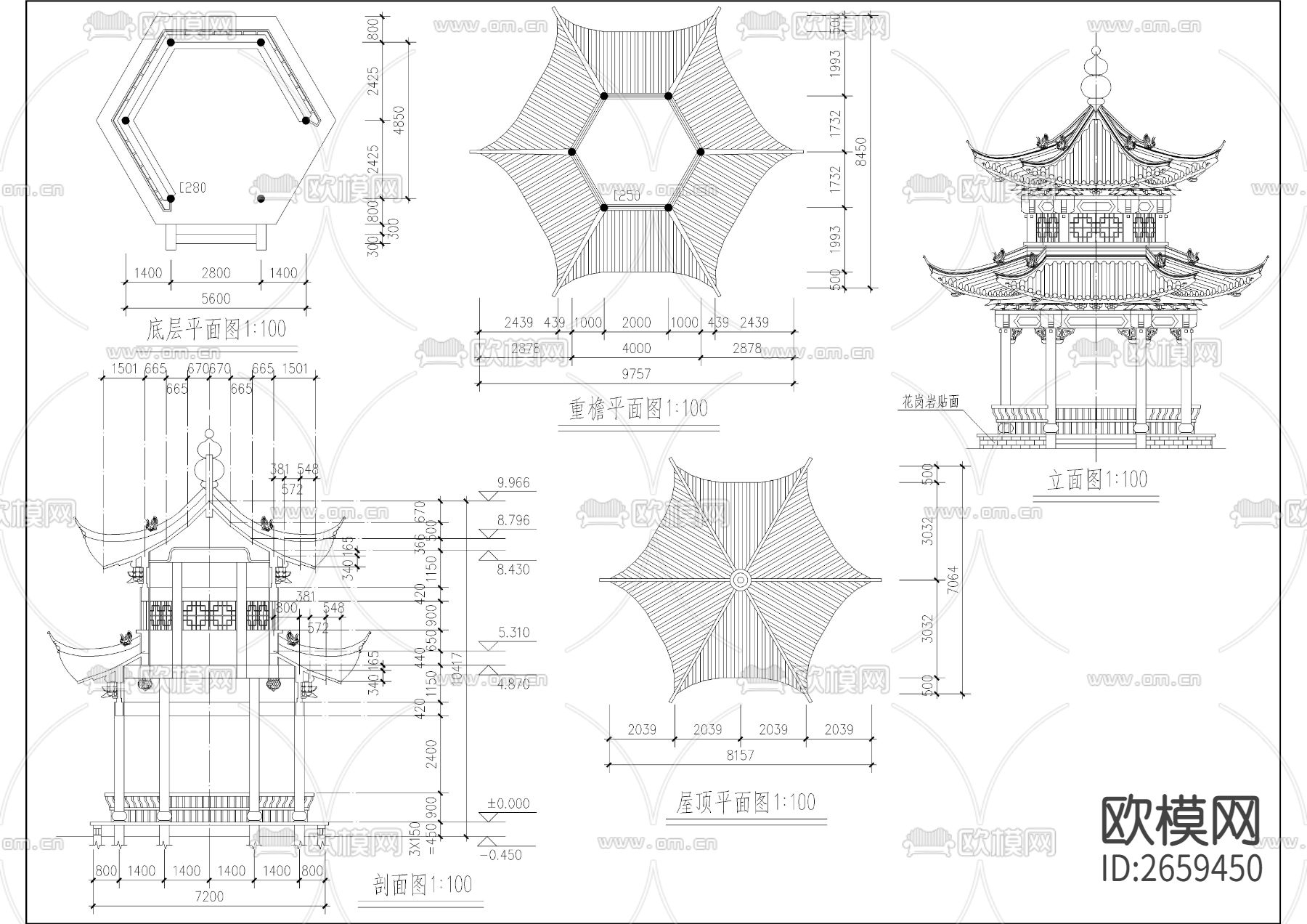 廊亭古建筑CAD施工图下载（渲染图4）