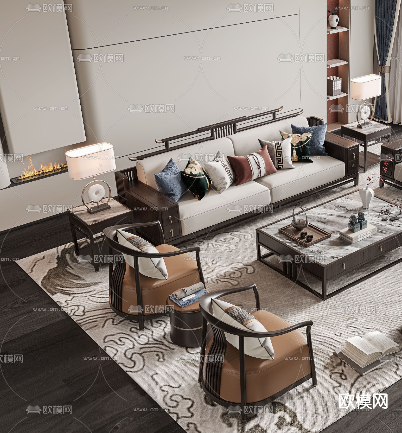 新中式组合沙发3d模型下载（渲染图2）