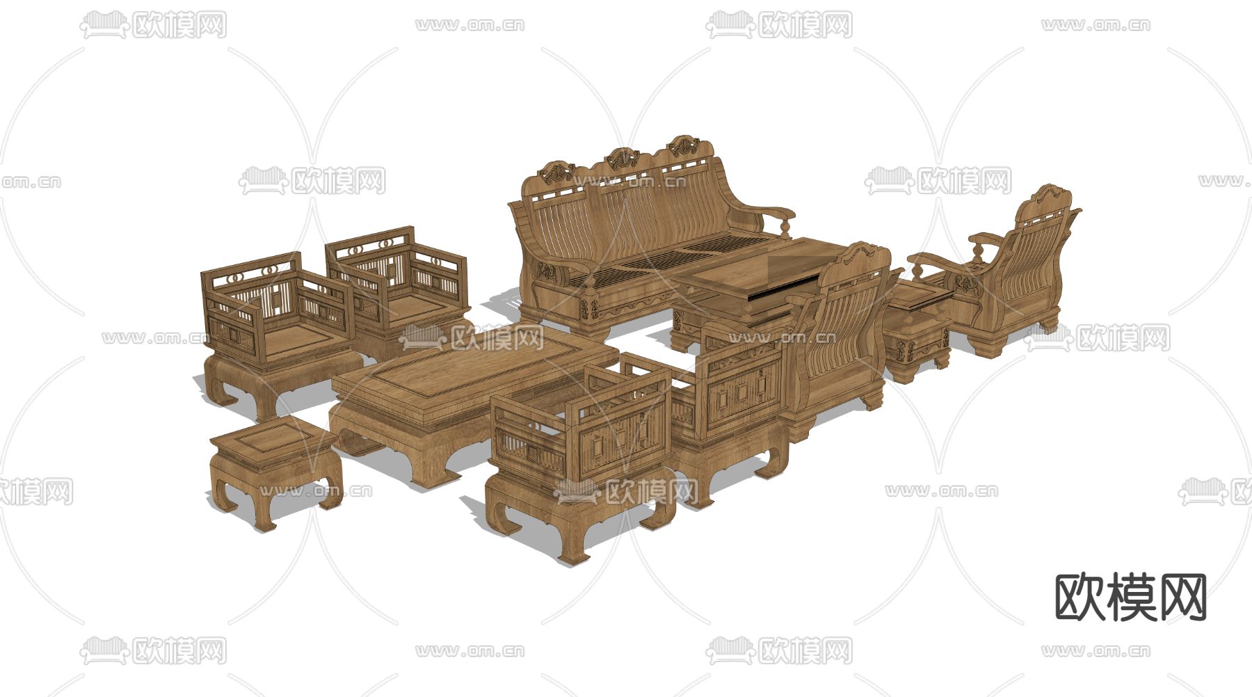 中式实木沙发组合su模型下载（渲染图4）