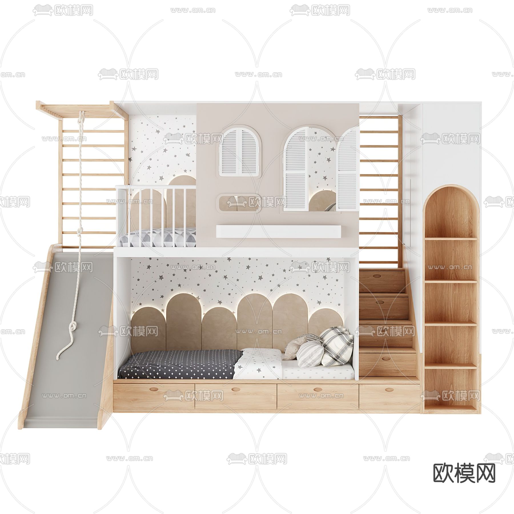 儿童床 小孩床 高低床3d模型下载（渲染图1）