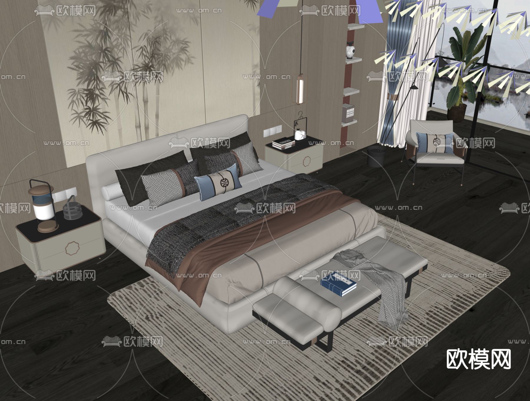 新中式布艺双人床su模型下载（渲染图2）