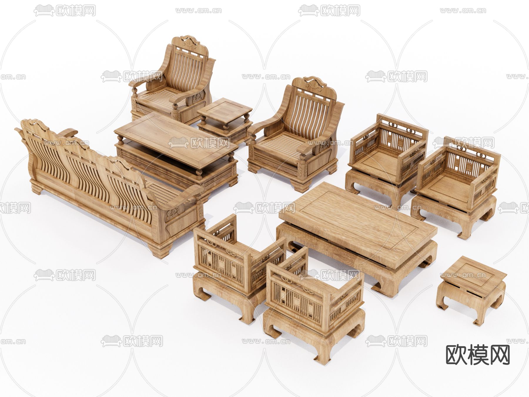 中式实木沙发组合su模型下载（渲染图1）