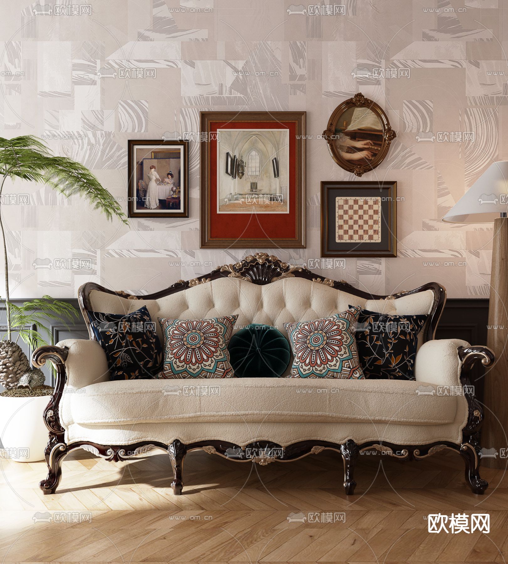 简欧沙发 多人沙发3d模型下载