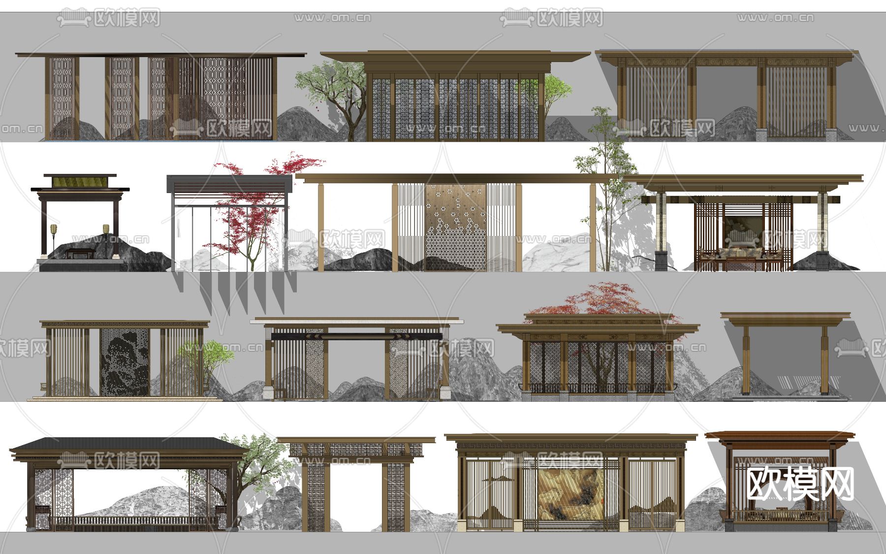 新中式廊架回廊su模型下载_ID14103357_sketchup模型下载-欧模网
