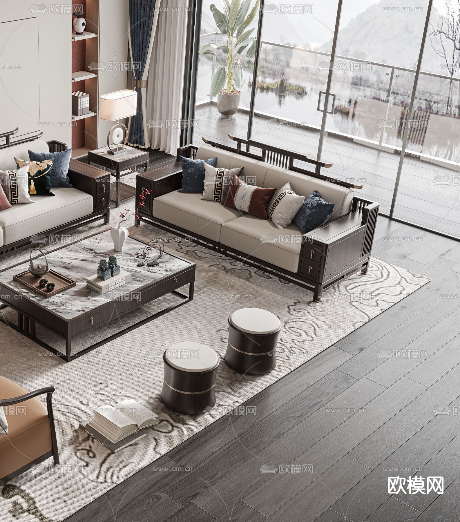 新中式组合沙发3d模型下载（渲染图3）