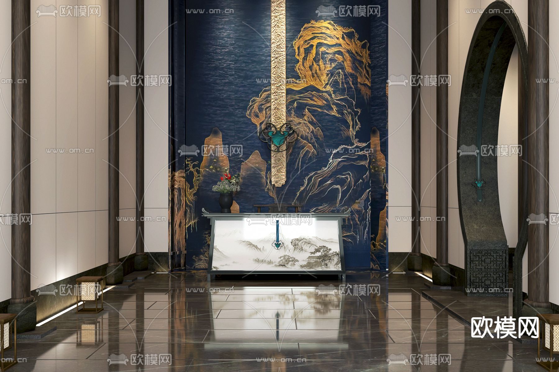 盘石设计 中式前台接待3d模型下载（渲染图1）