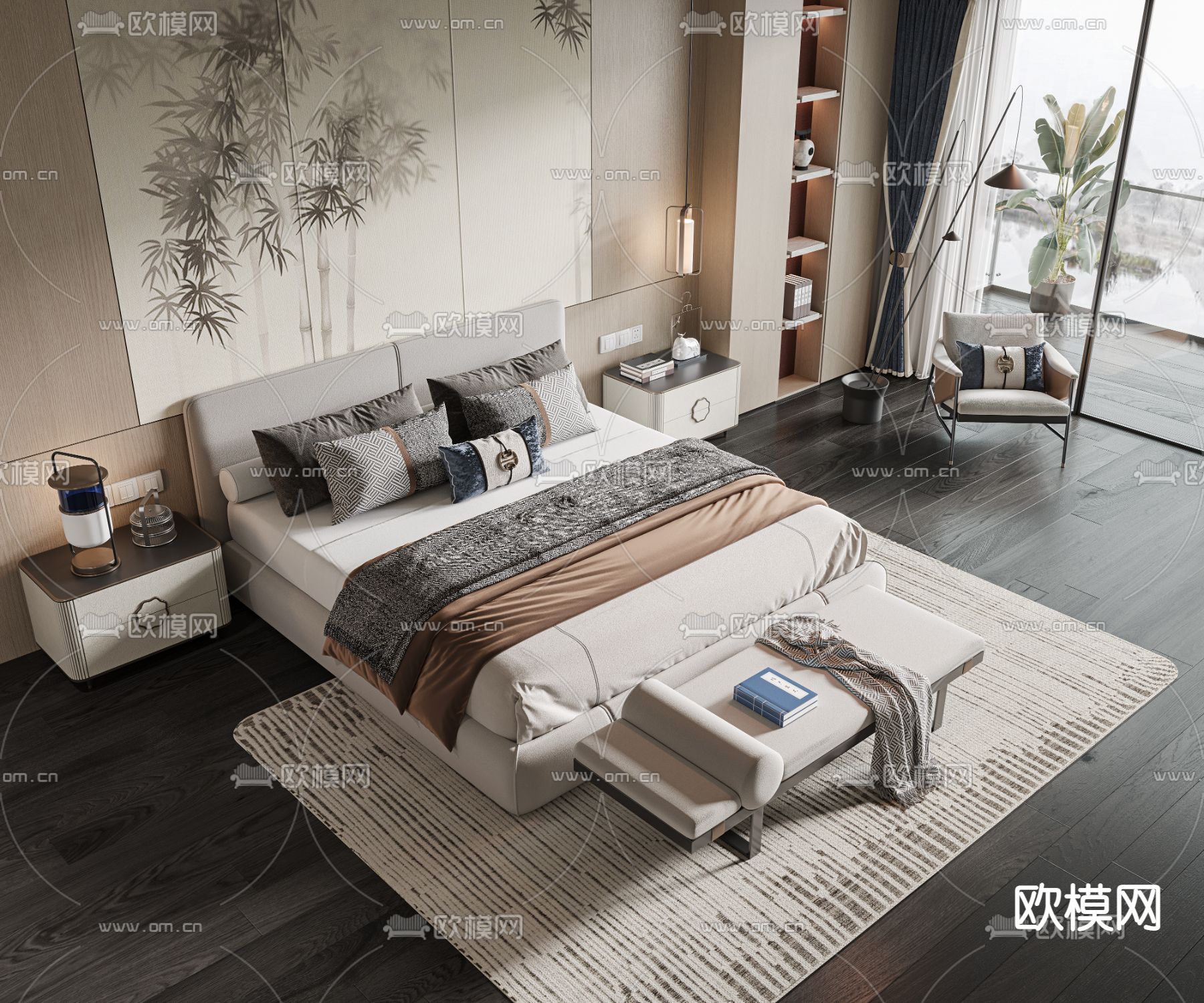 新中式布艺双人床su模型下载（渲染图1）