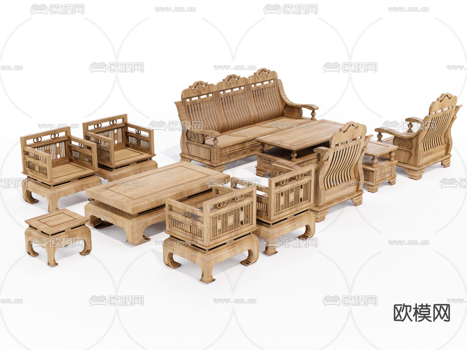 中式实木沙发组合su模型下载（渲染图3）