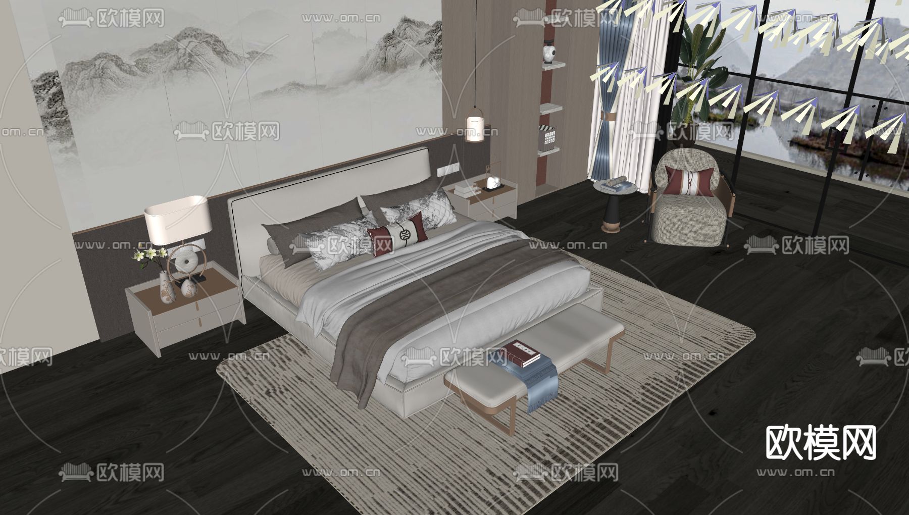 新中式布艺双人床su模型下载（渲染图2）