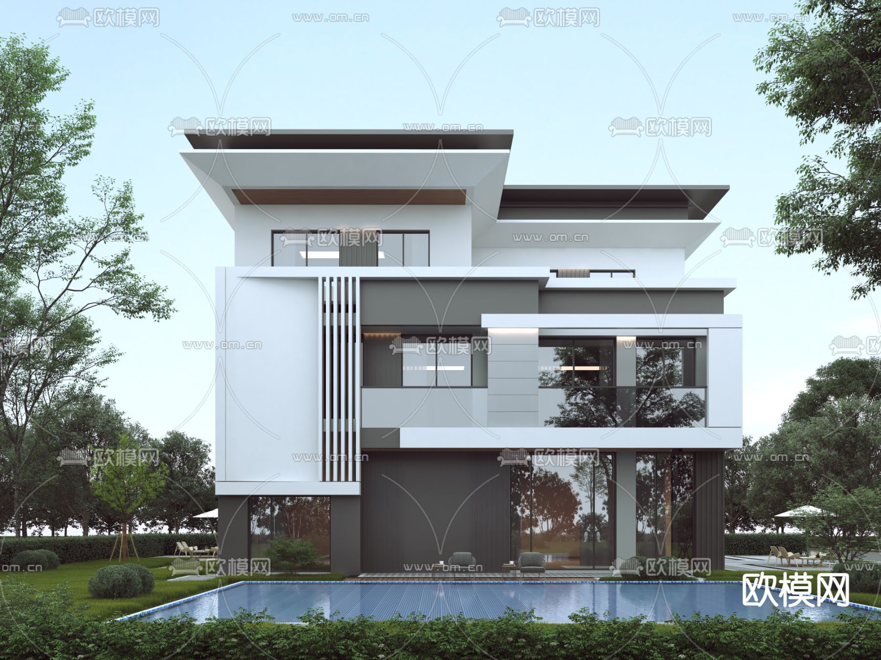 独栋别墅外观3d模型下载（渲染图1）