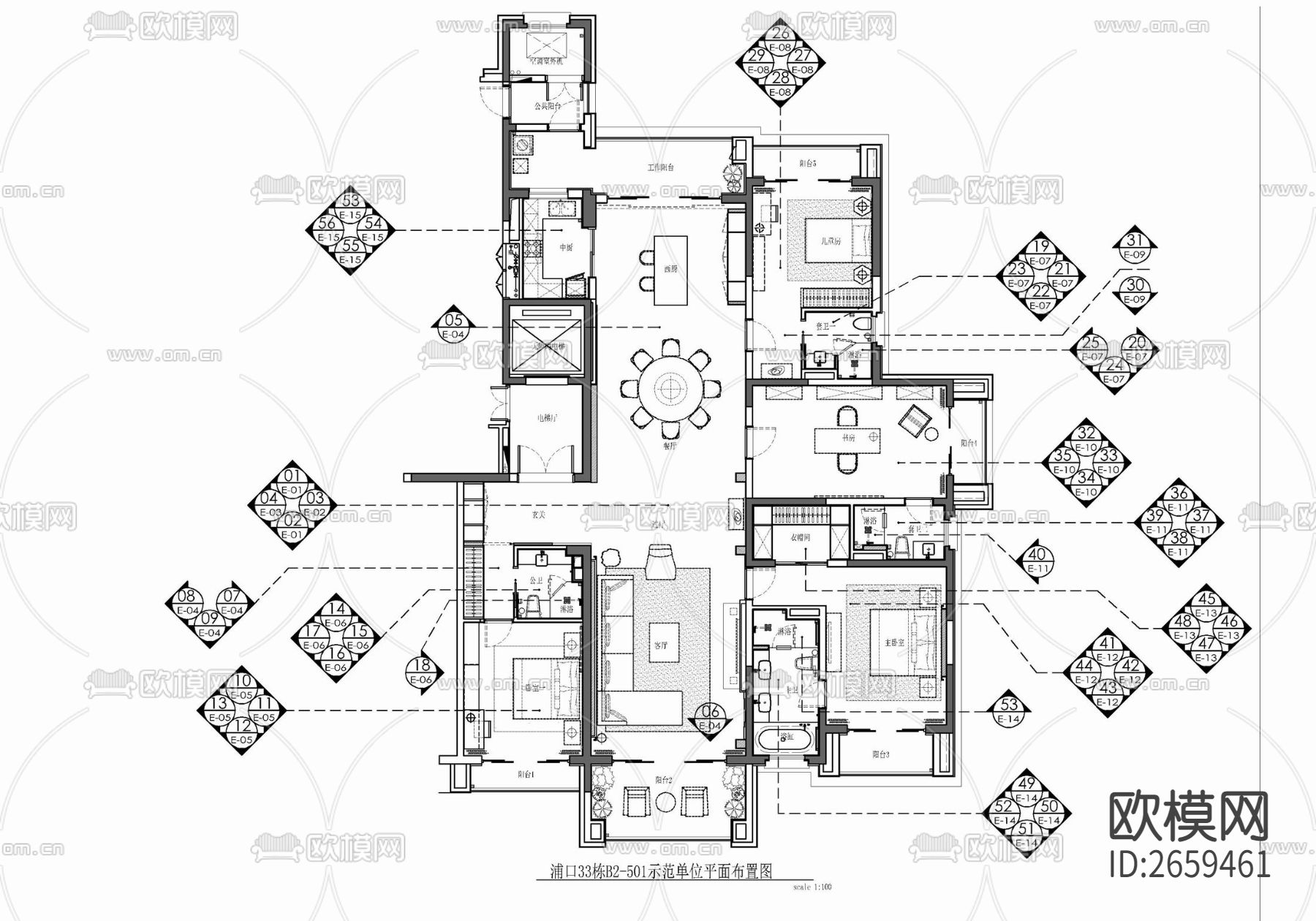 290㎡大平层CAD施工图下载（渲染图1）