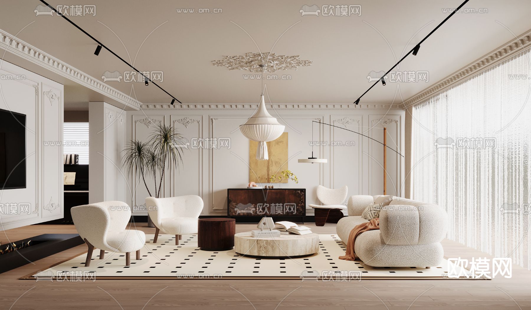 法式客厅3d模型下载（渲染图1）
