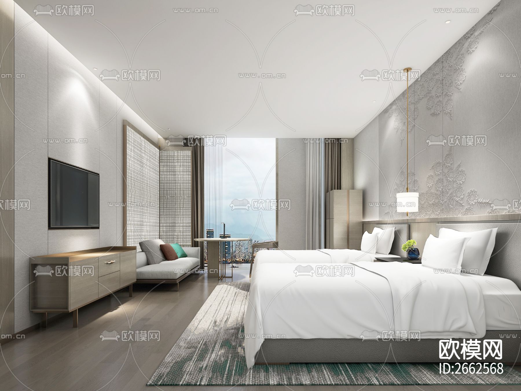 万达酒店客房CAD施工图下载（渲染图2）