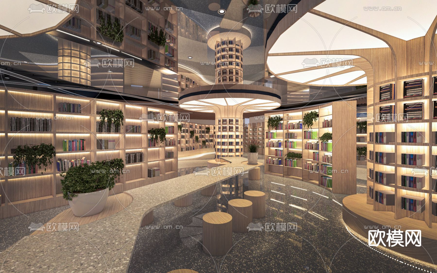 现代图书馆  阅览室su模型下载（渲染图1）