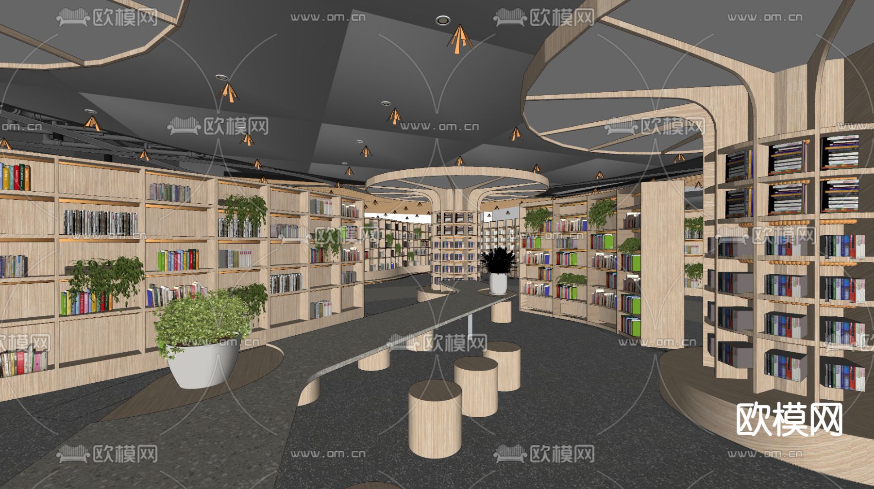 现代图书馆  阅览室su模型下载（渲染图2）