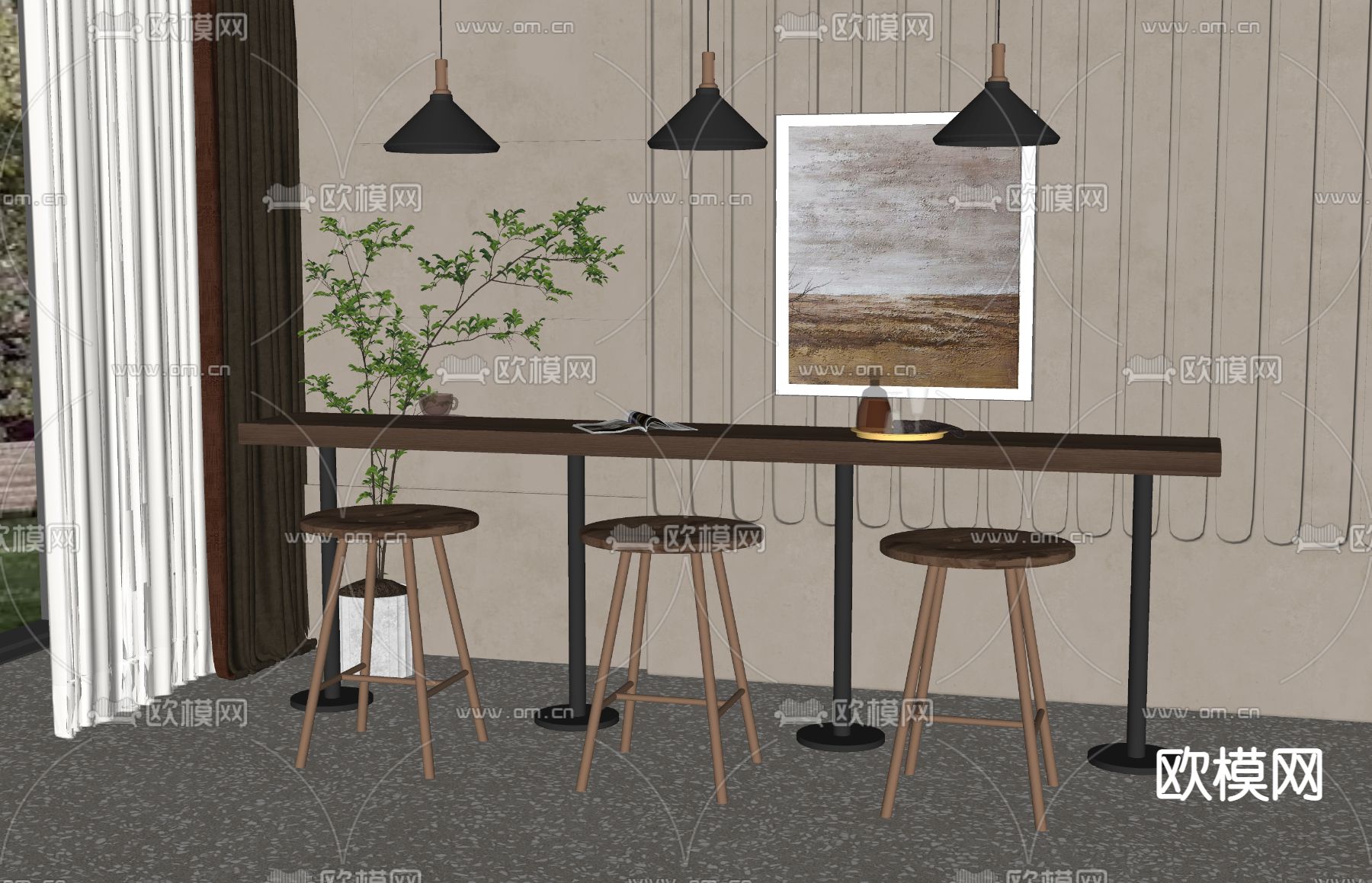 工业风吧台 吧椅su模型下载（渲染图2）