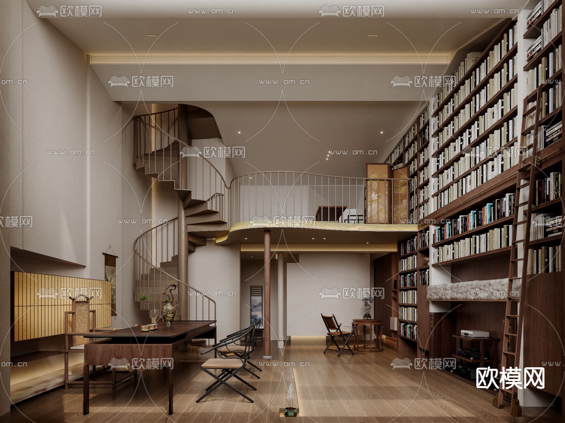 挑空客厅 别墅大堂3d模型下载（渲染图1）