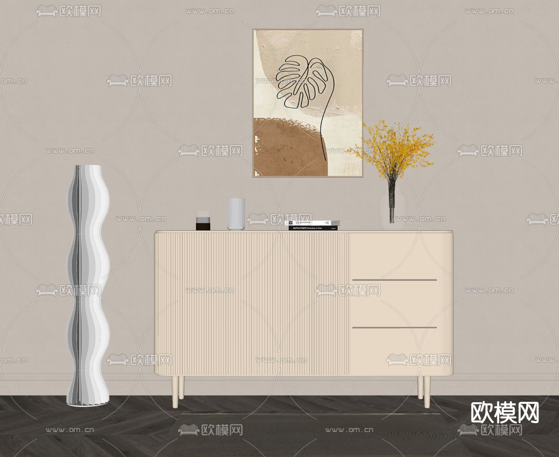 奶油风边柜 玄关柜 端景柜su模型下载（渲染图2）