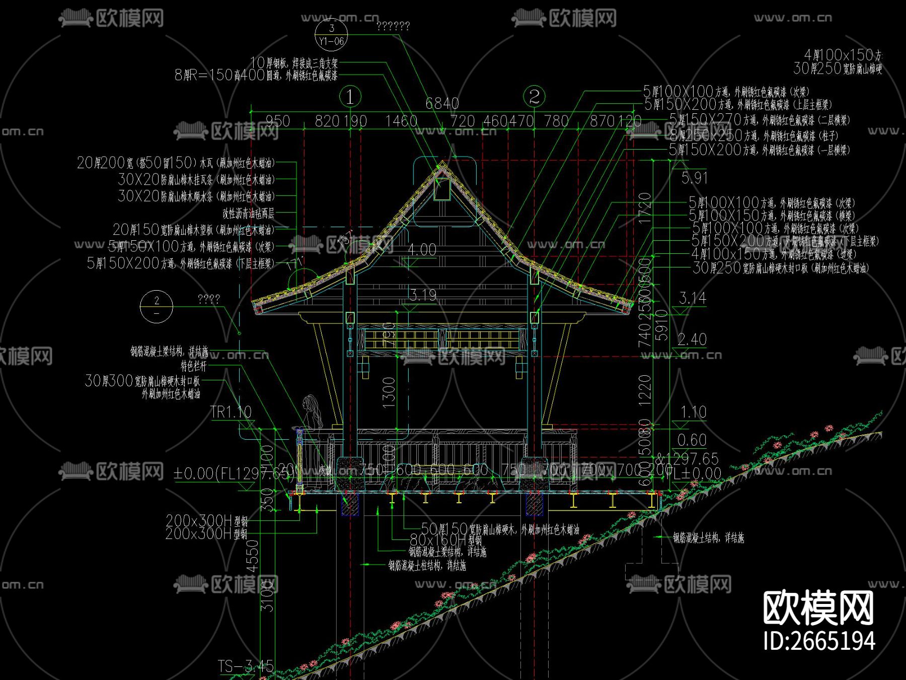 新中式悬空四角木亭CAD施工图下载（渲染图4）