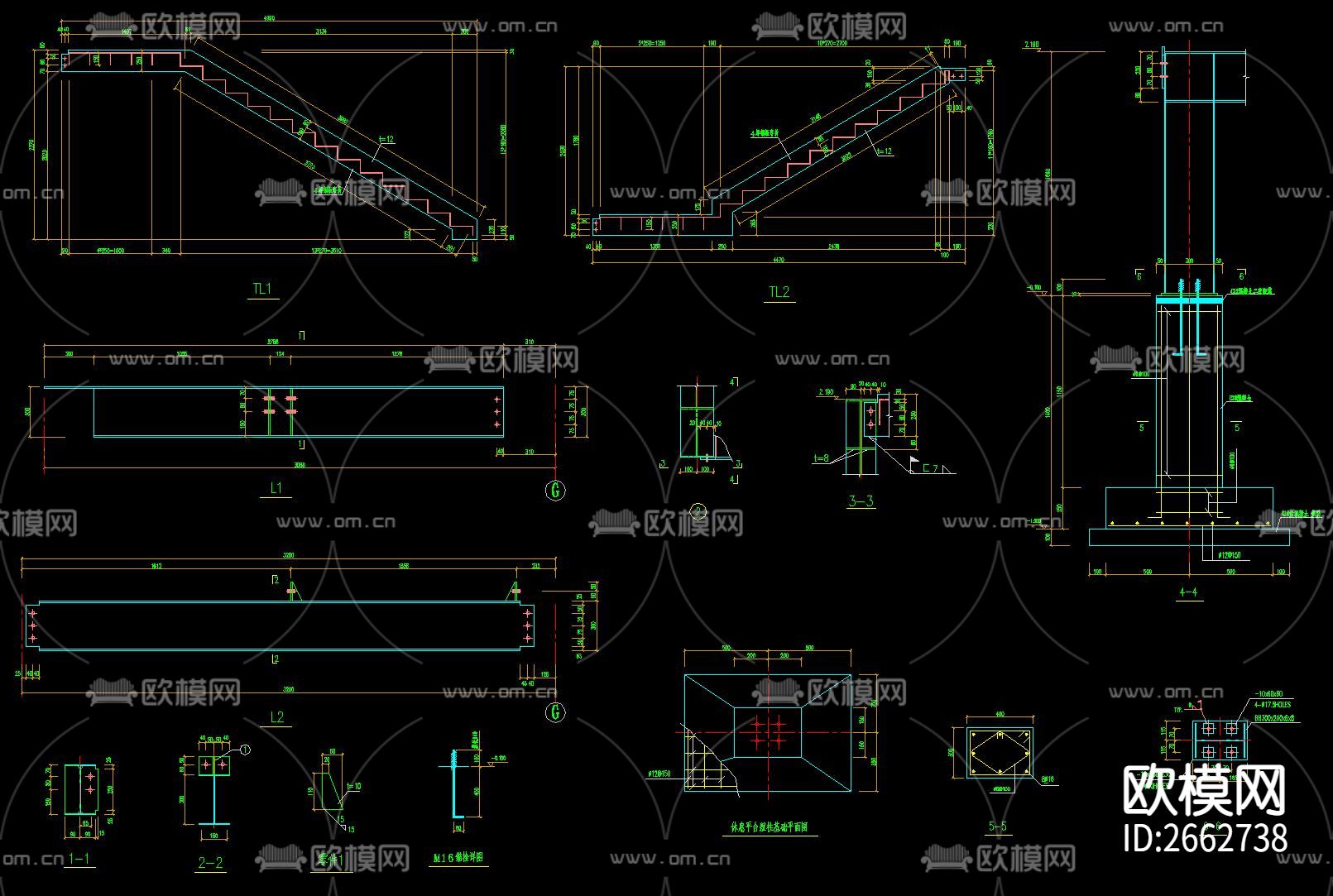 普通楼梯爬梯CAD施工图下载（渲染图9）
