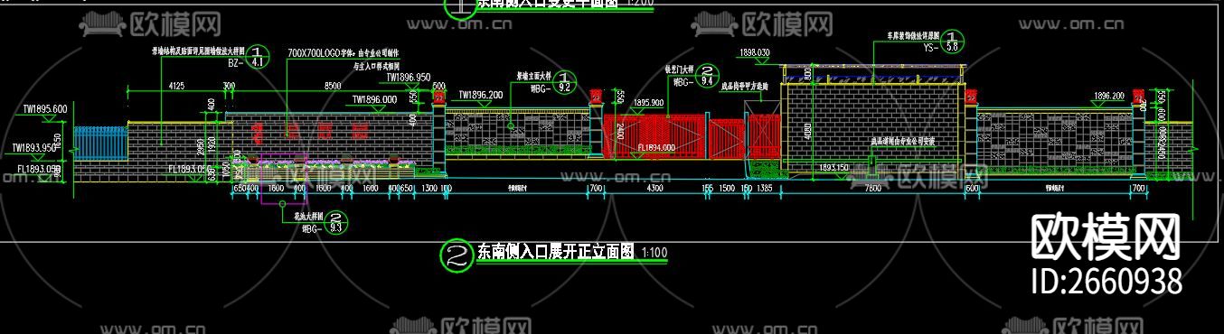 小区入口景墙CAD施工图下载（渲染图3）