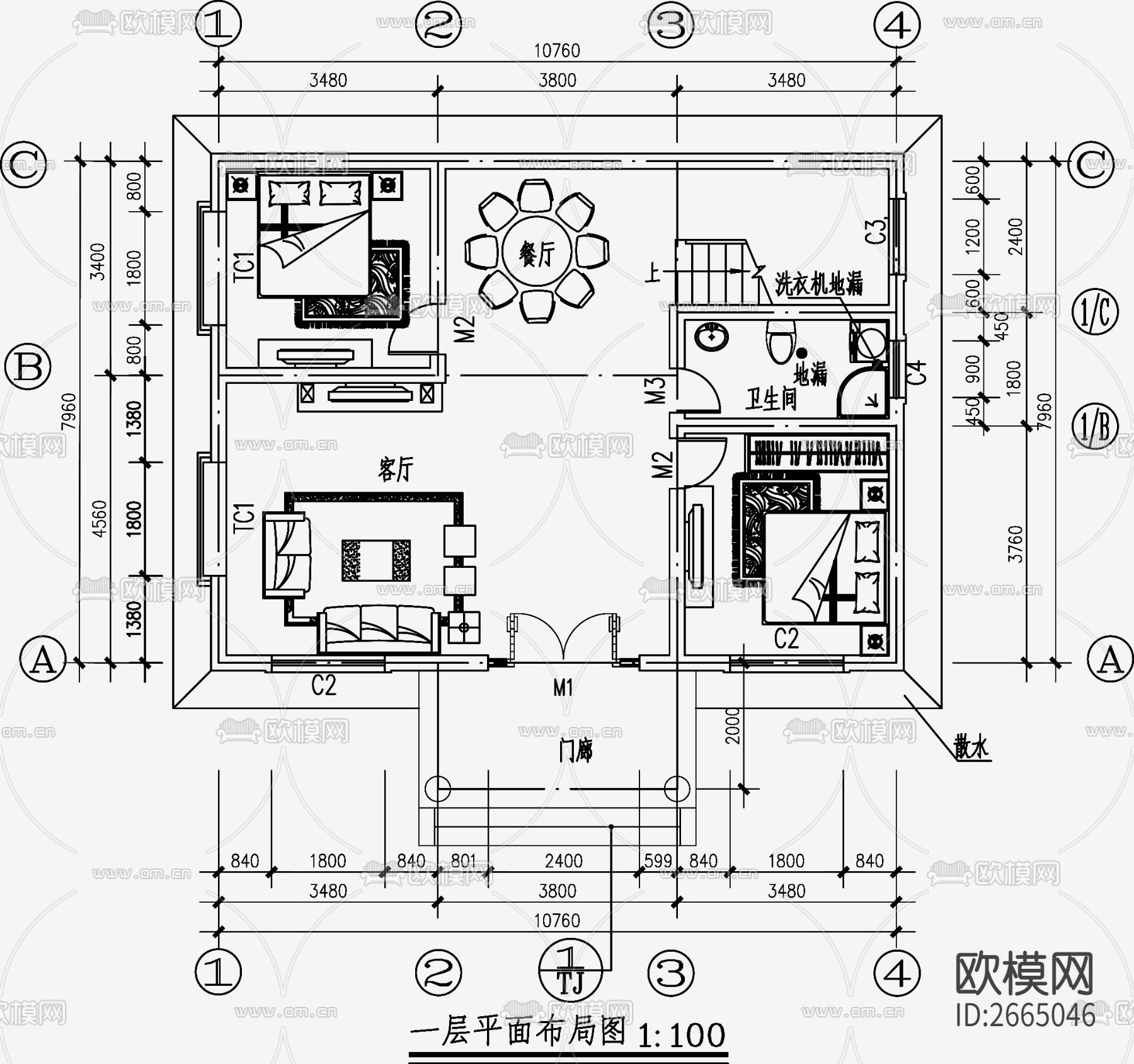 欧式简约别墅设计CAD施工图下载（渲染图4）