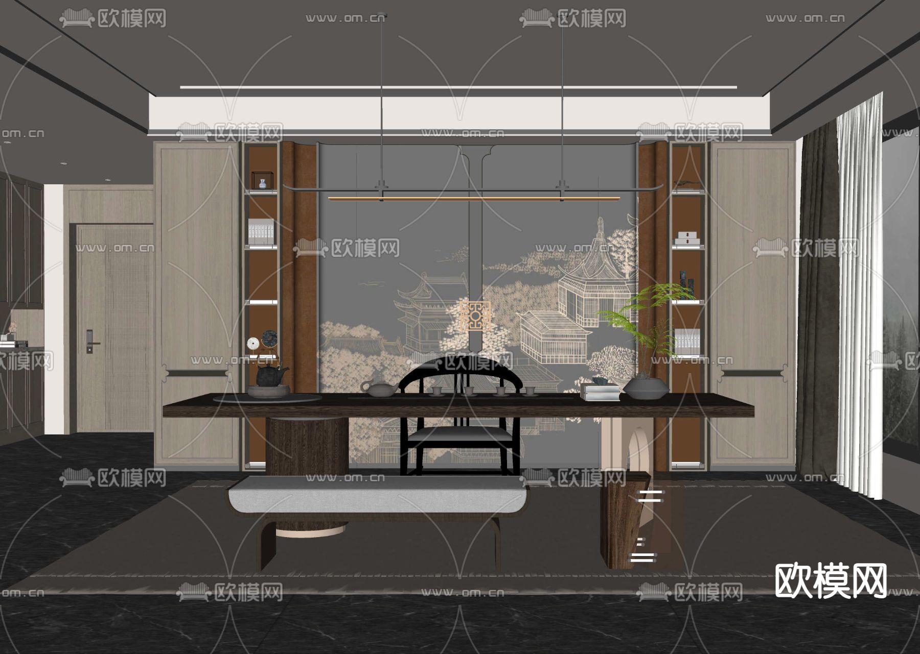 新中式茶室su模型