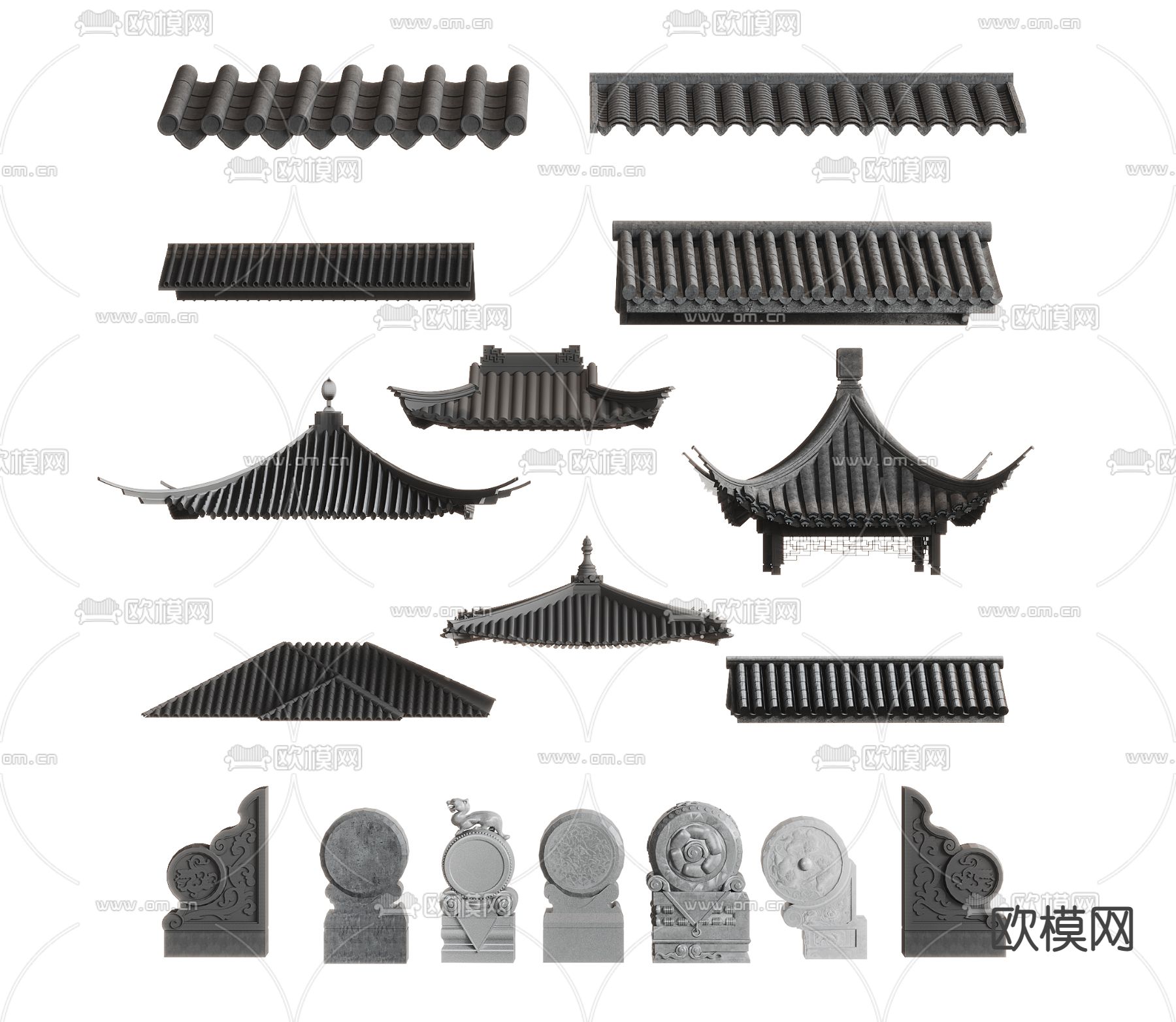 新中式屋檐 屋顶 瓦3d模型下载_ID14110597_3dmax免费模型-欧模网