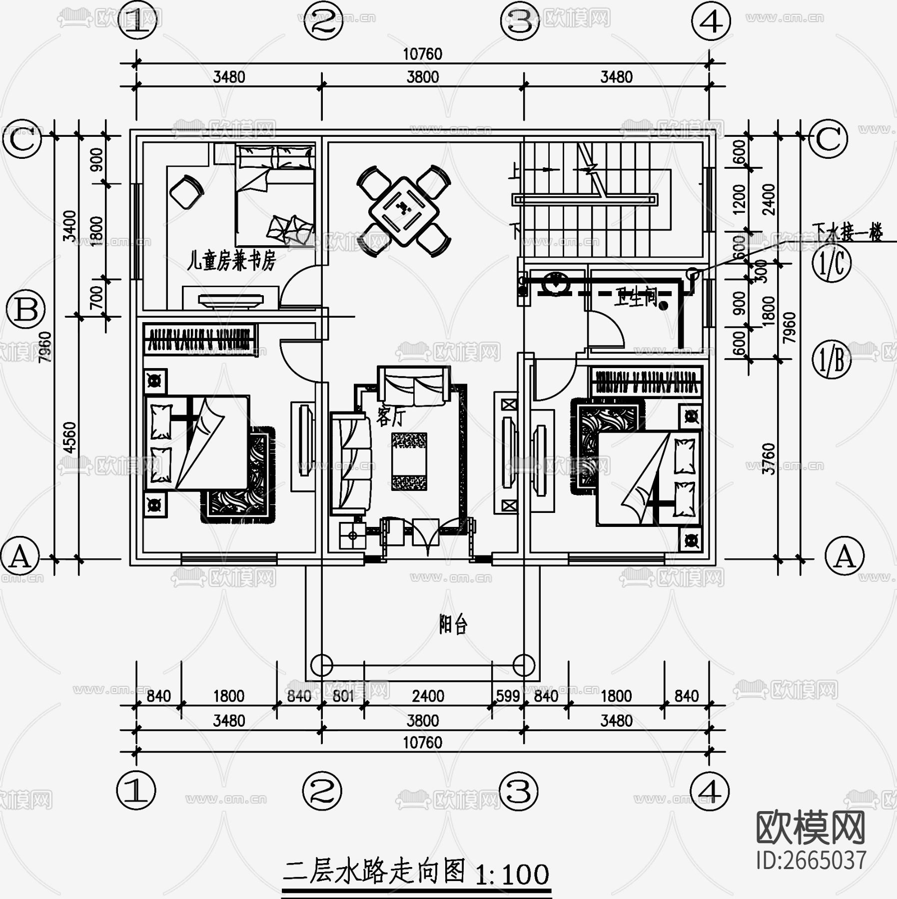 自建房建筑给排水CAD施工图下载（渲染图1）