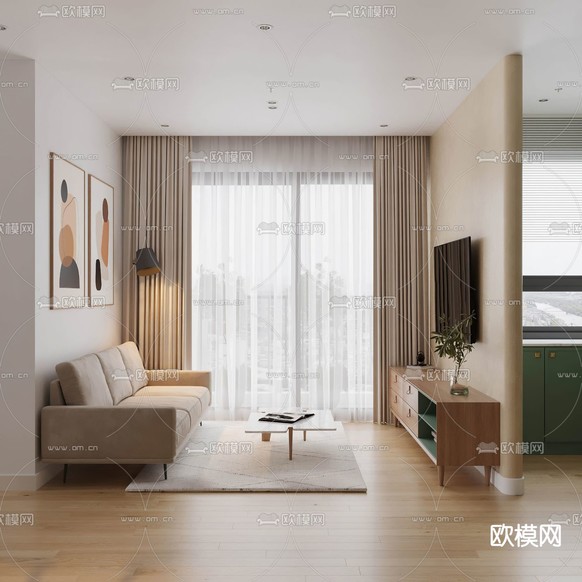北欧客厅 餐厅 厨房3d模型下载(渲染图1)