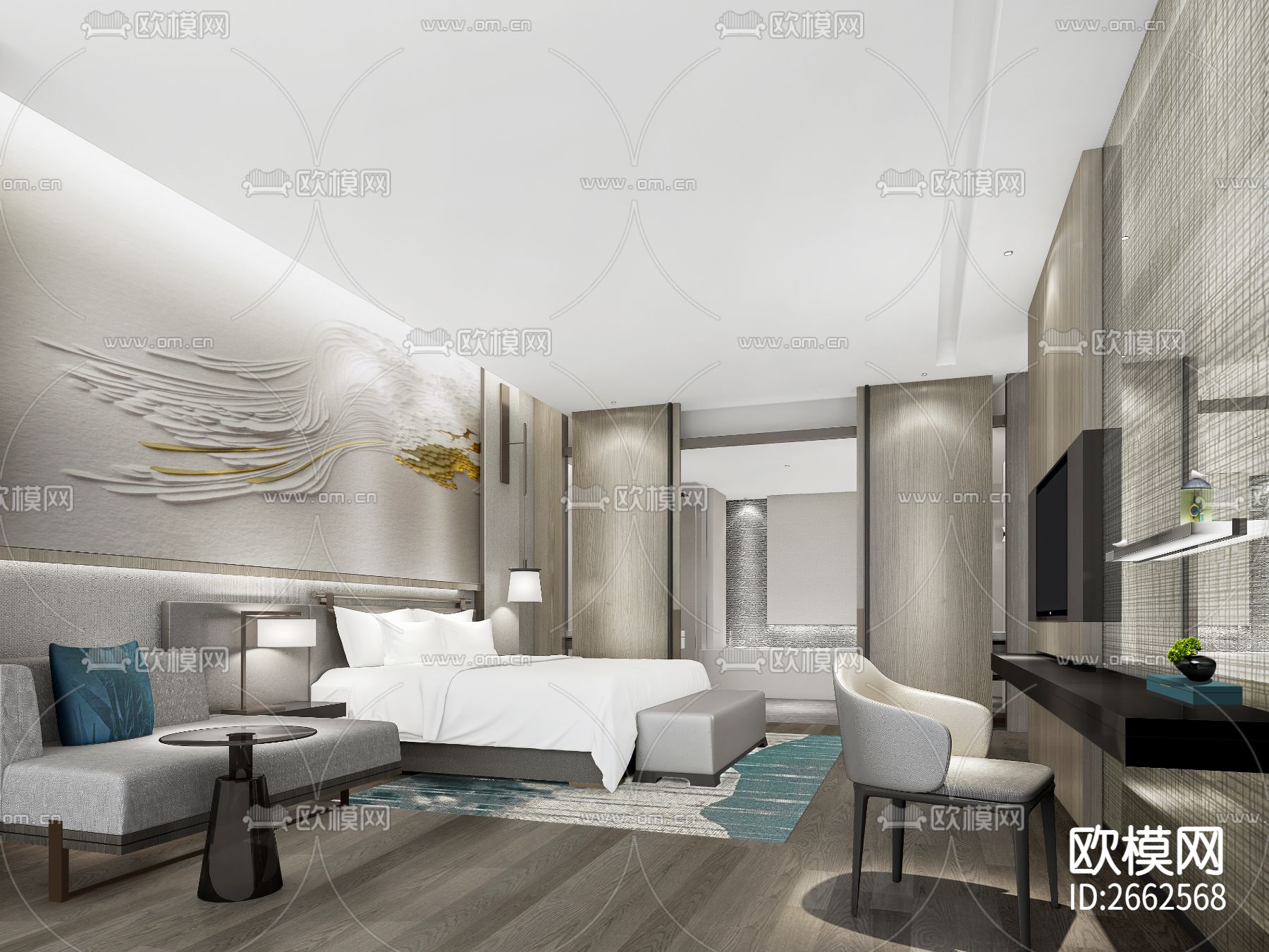 万达酒店客房CAD施工图下载（渲染图1）