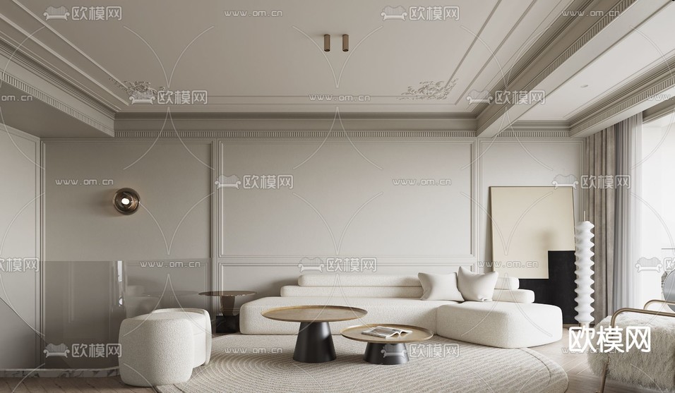 法式客厅 餐厅3d模型下载(渲染图1)
