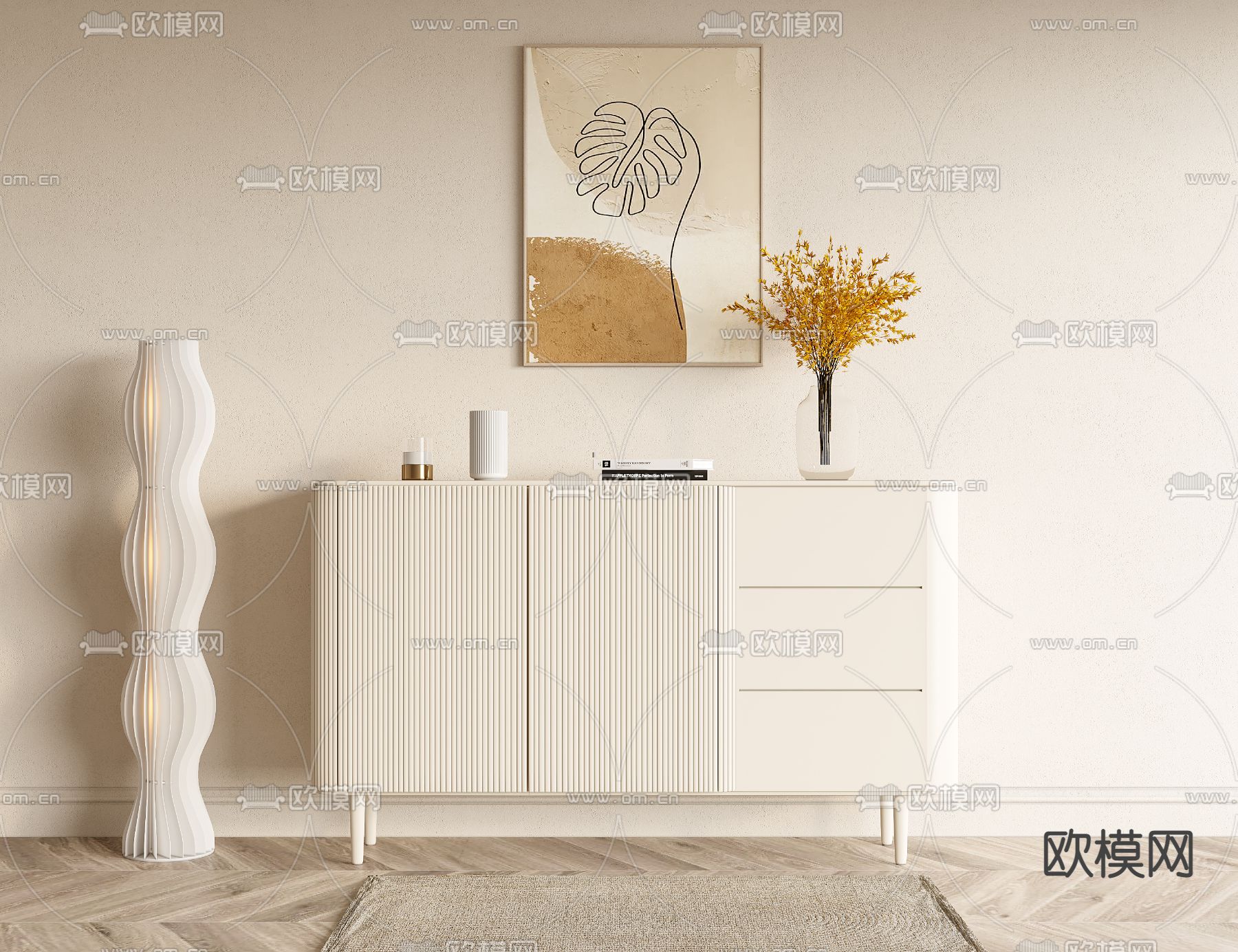 奶油风边柜 玄关柜 端景柜su模型下载（渲染图1）