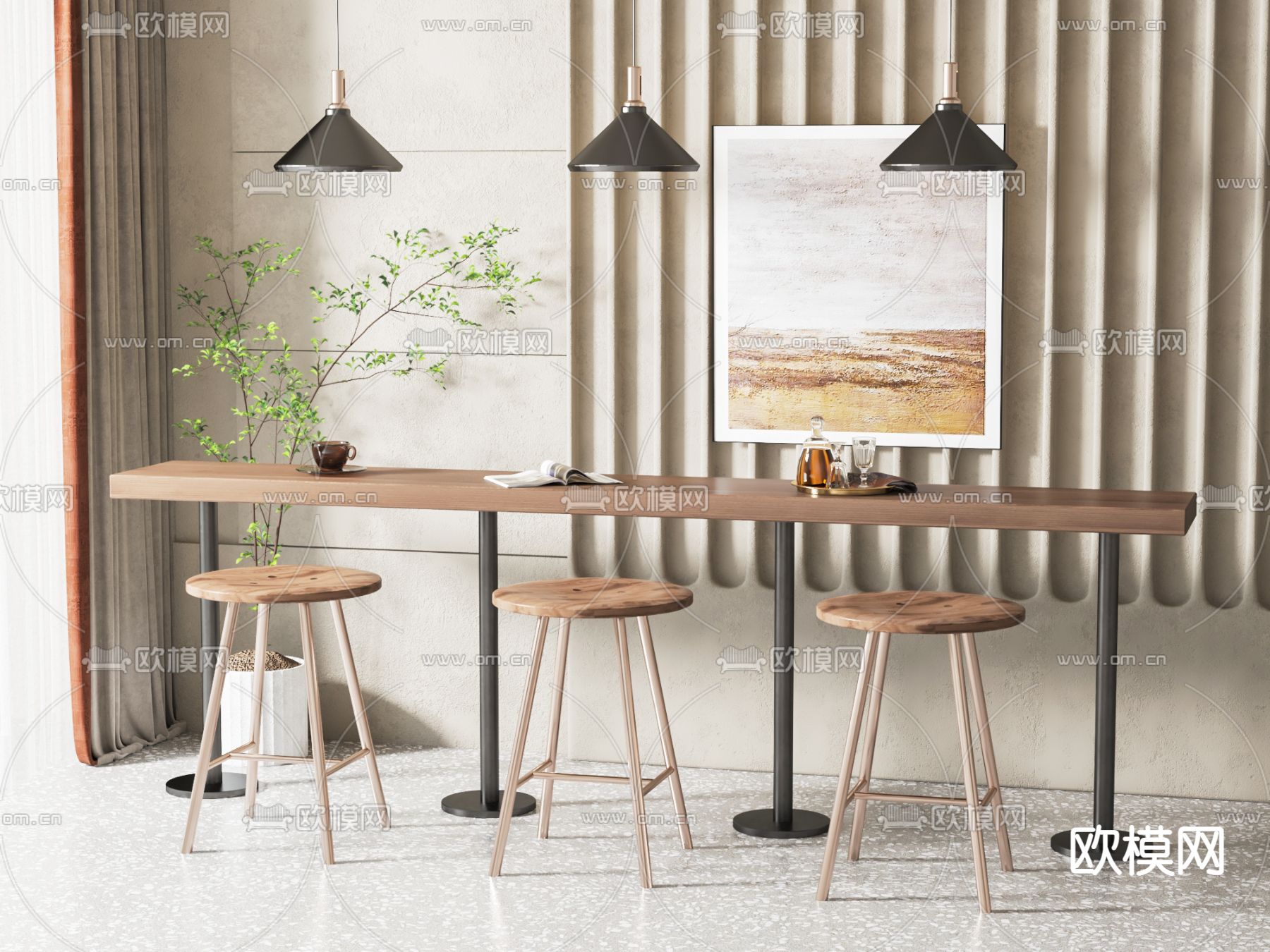 工业风吧台 吧椅su模型下载（渲染图1）