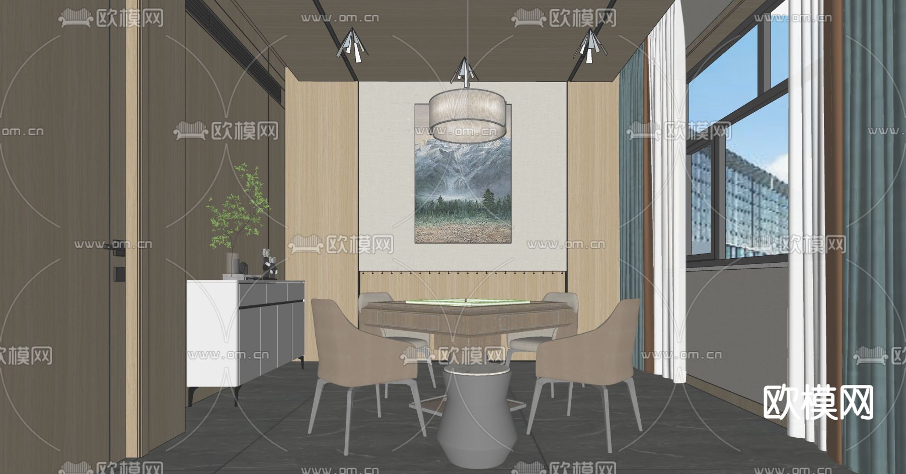 现代棋牌室su模型下载（渲染图2）