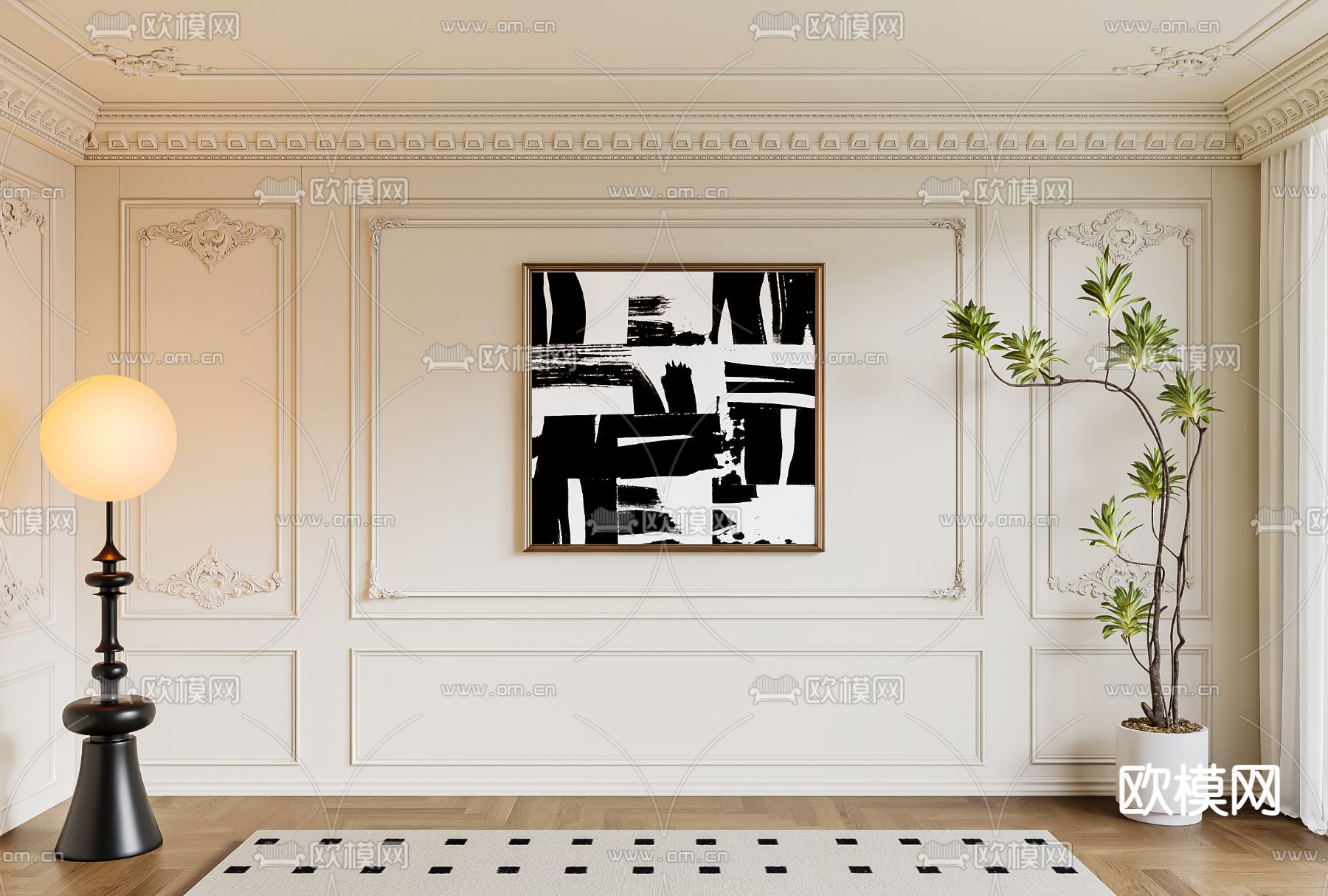 法式石膏线 背景墙3d模型下载