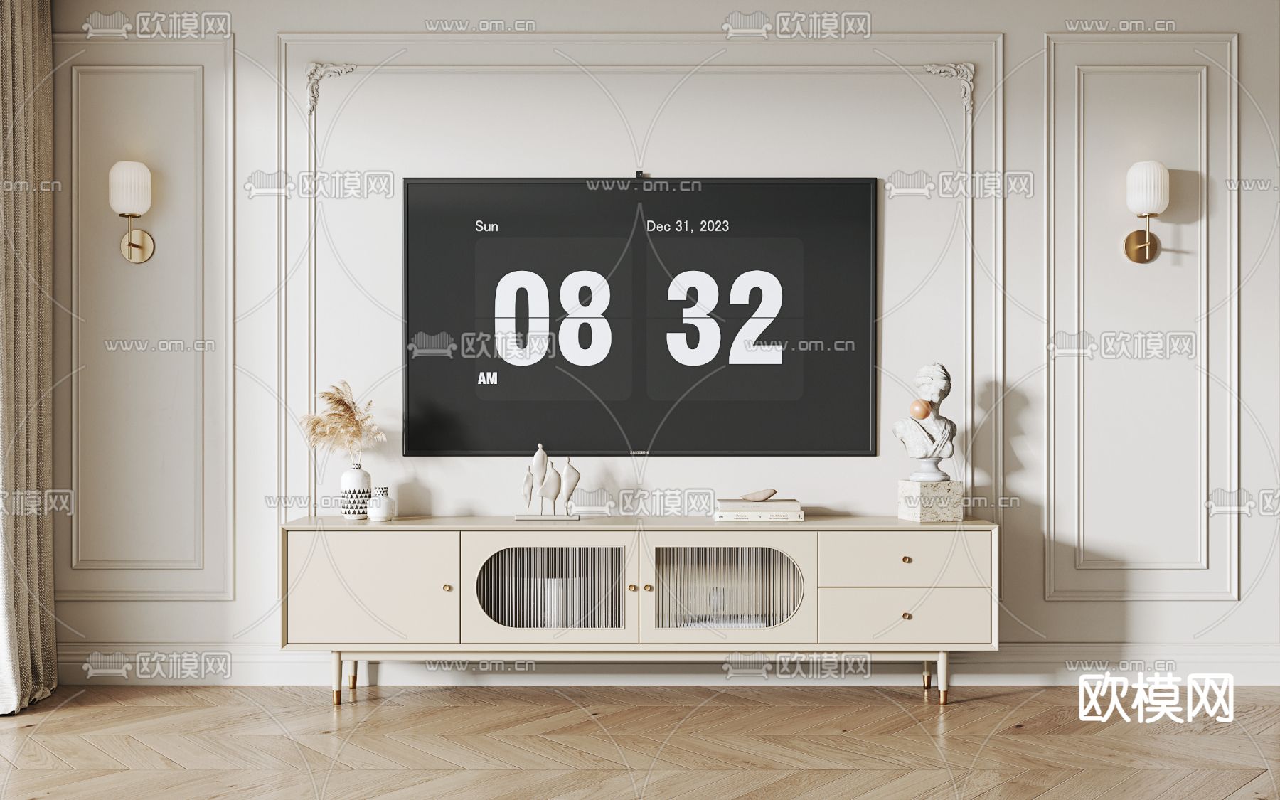 奶油风电视柜3d模型下载