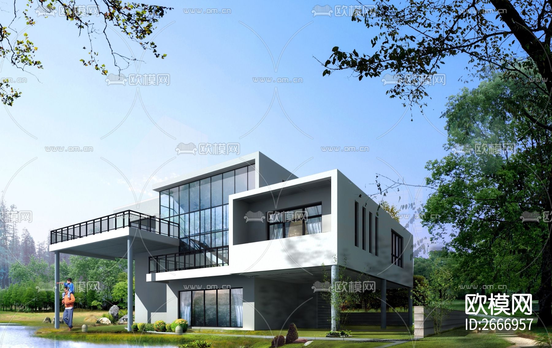 现代简约别墅效果图cad施工图下载（渲染图9）