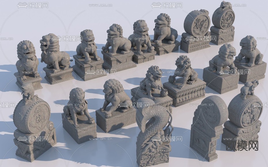 中式石狮子雕塑3d模型下载