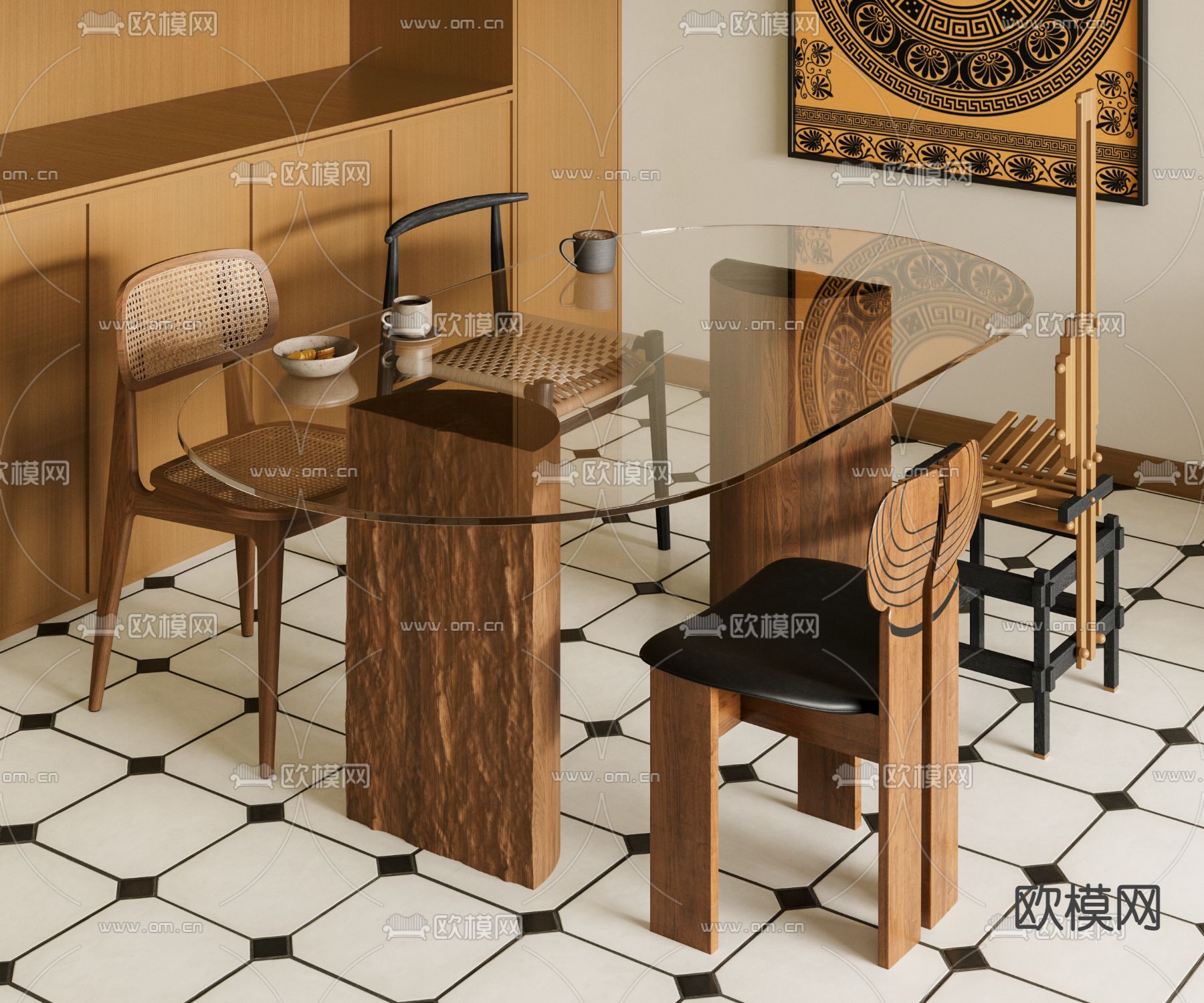 中古风餐桌椅3d模型下载