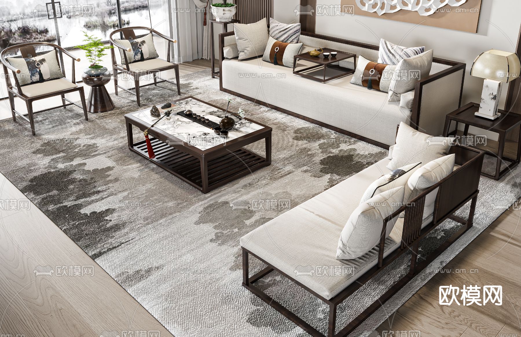 新中式组合沙发3d模型下载（渲染图2）