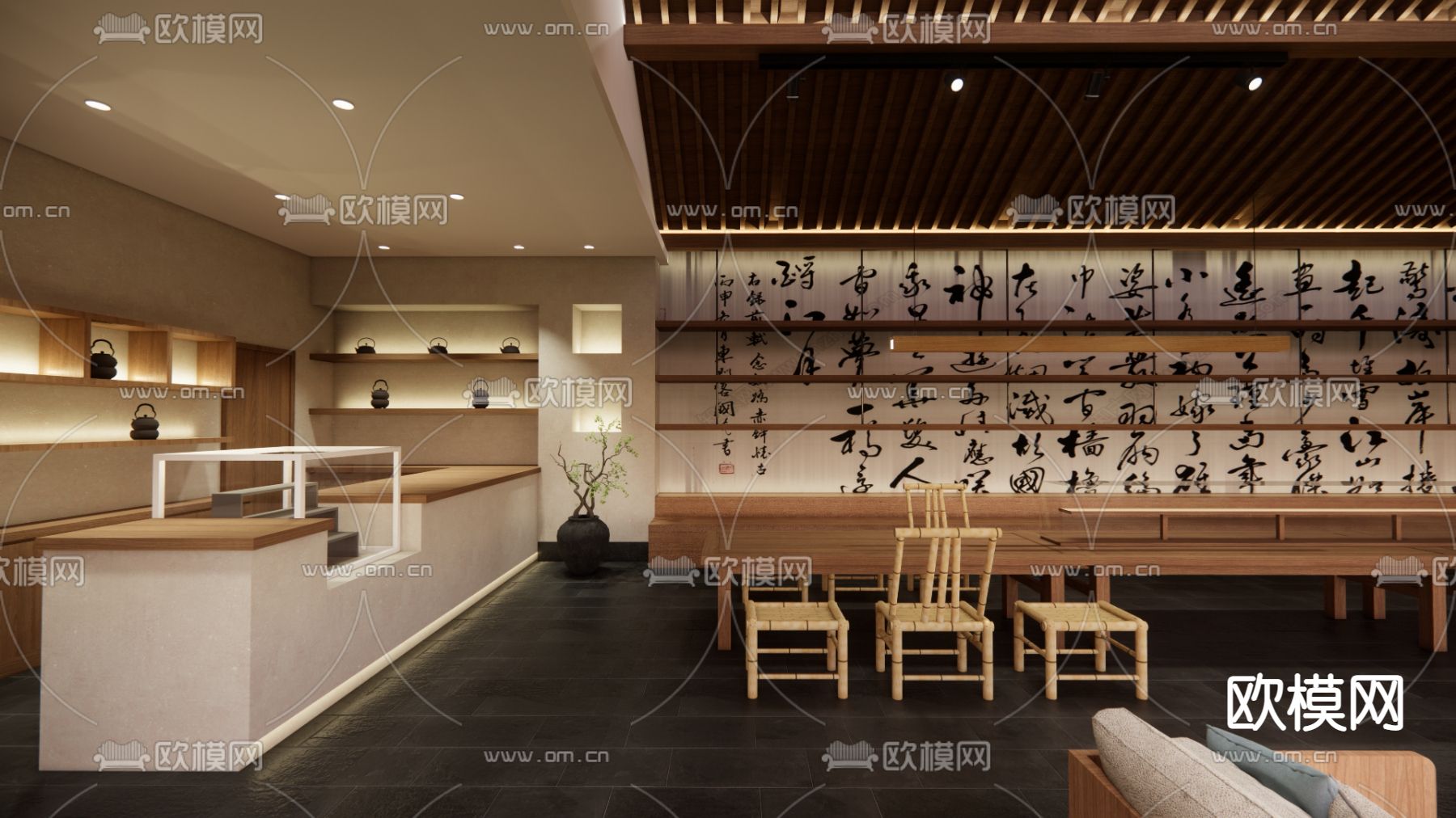 新中式茶馆su模型下载（渲染图2）