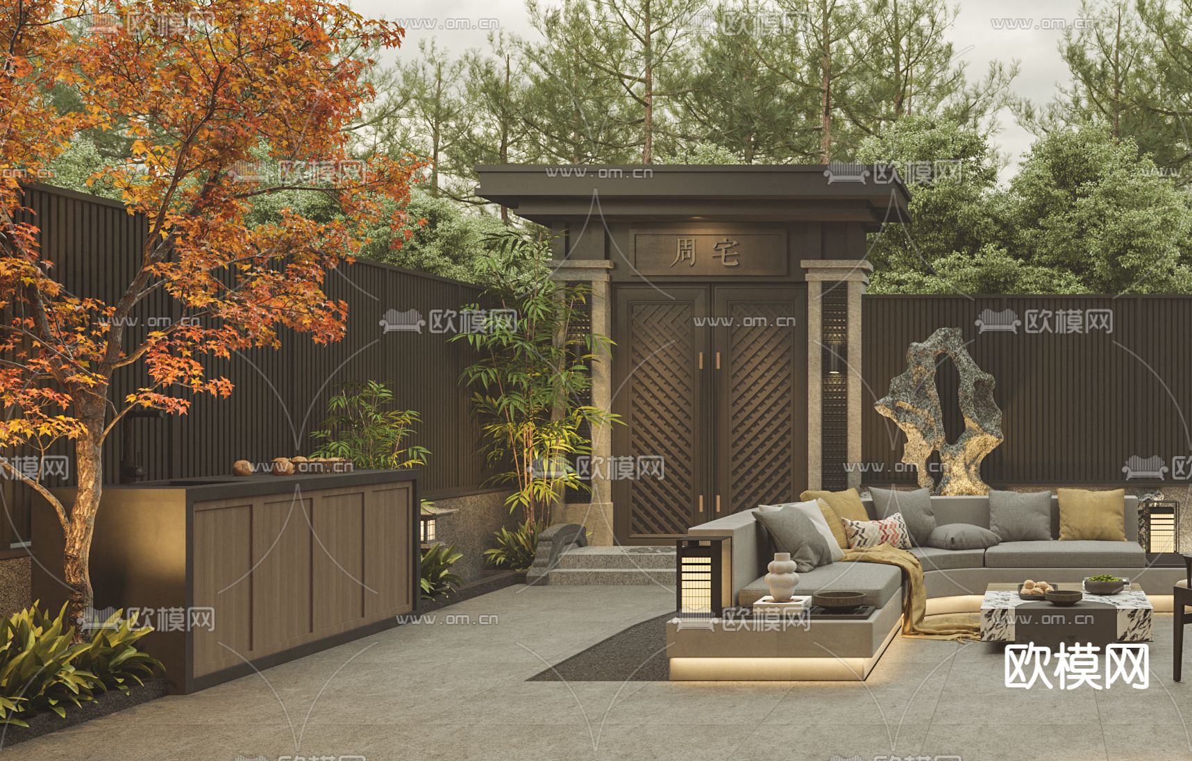 新中式花园 庭院3d模型下载（渲染图2）