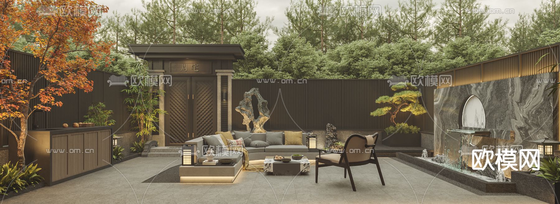 新中式花园 庭院3d模型下载（渲染图1）