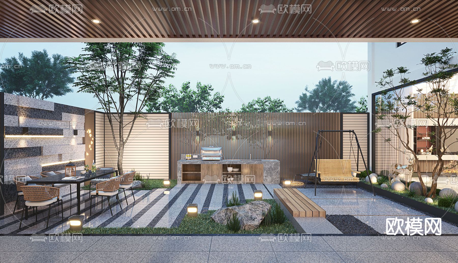 现代庭院夜景su模型下载（渲染图1）