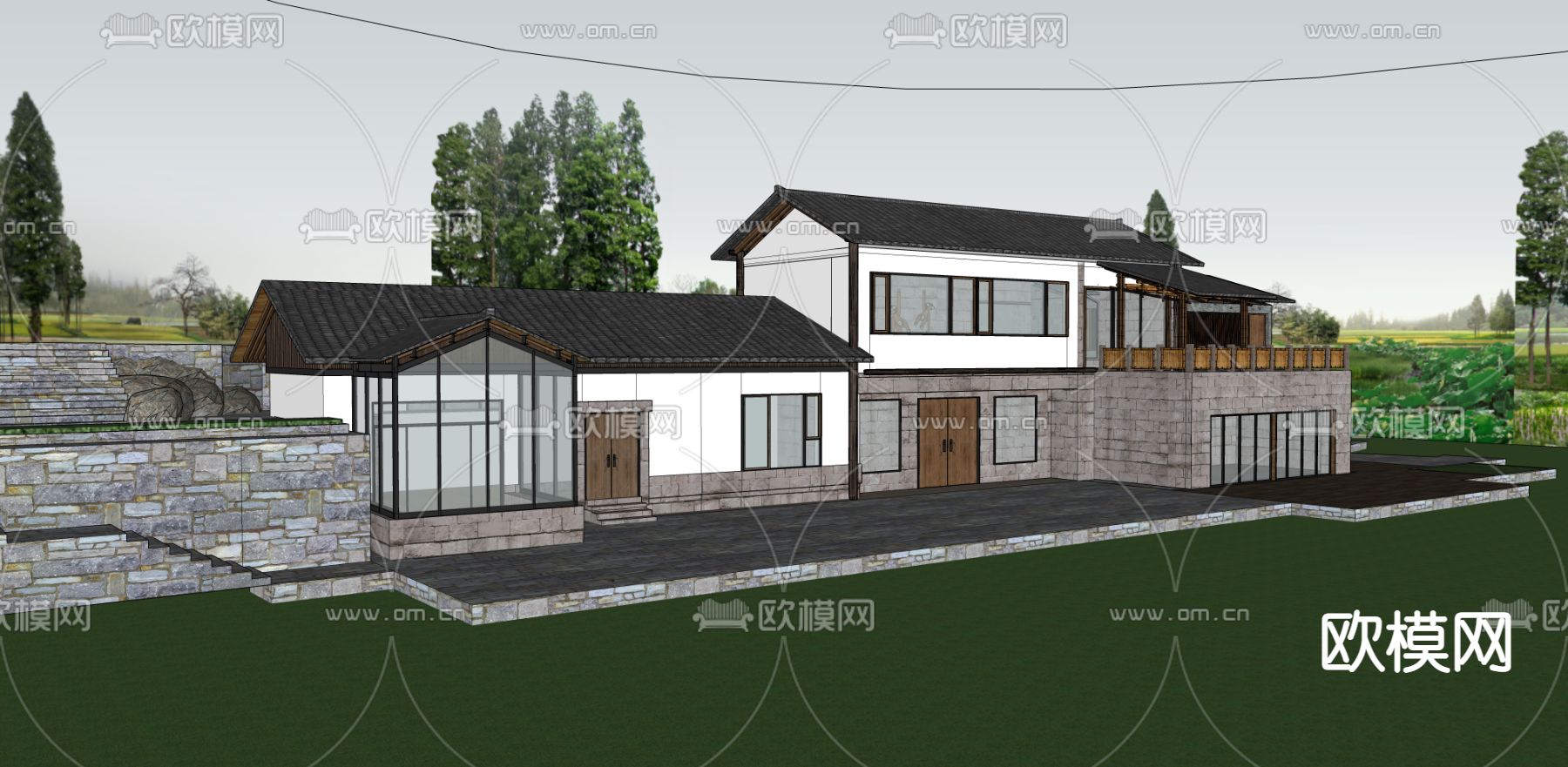 新中式民宿外观su模型下载（渲染图2）
