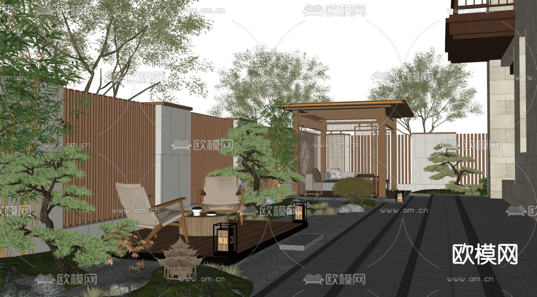 新中式庭院夜景su模型下载（渲染图4）