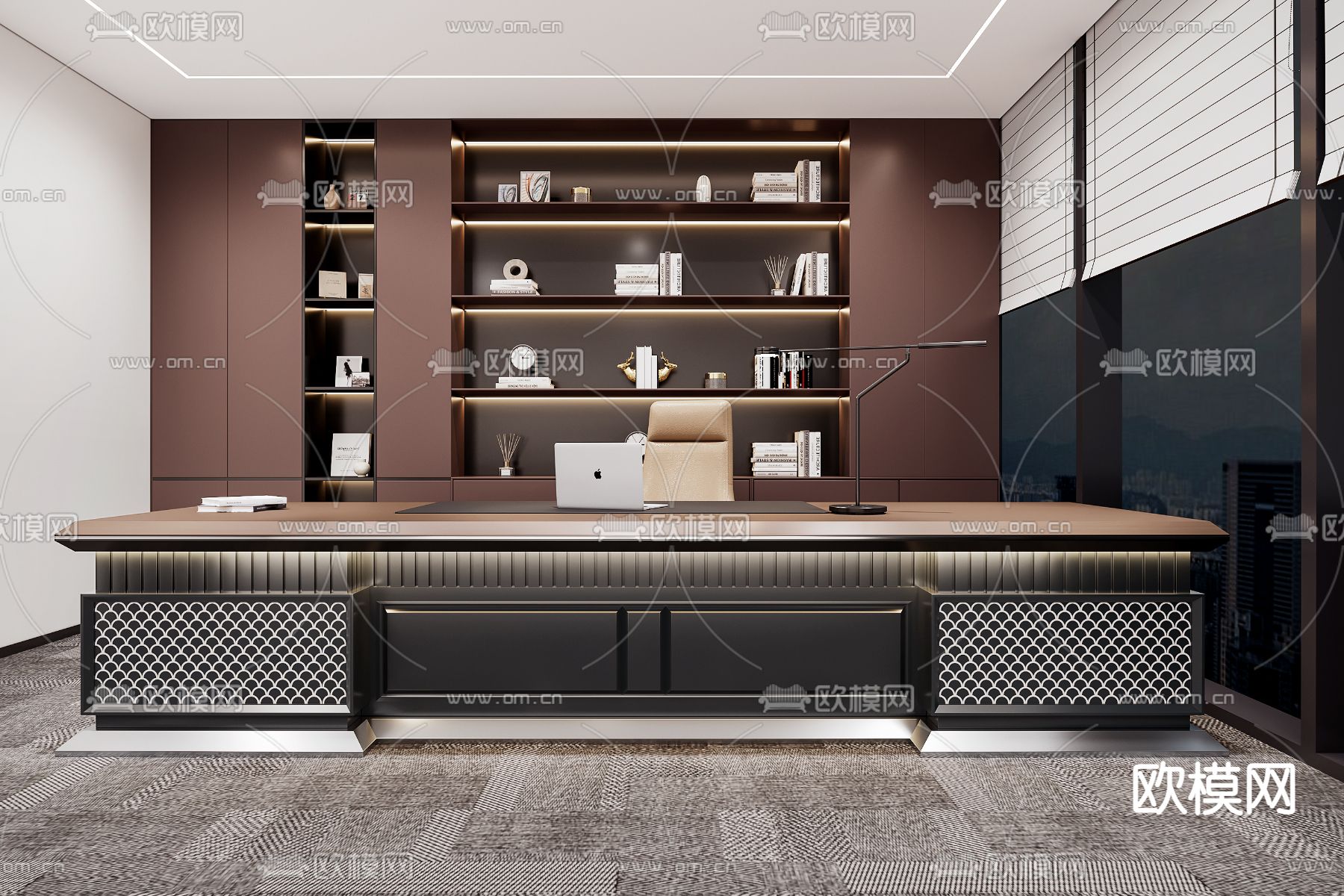 班台办公桌su模型下载（渲染图1）